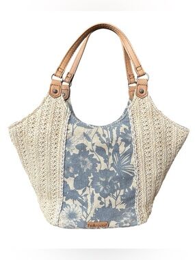 Sakroots Blue and Cream Roma Straw Small Shopper - Lake in Bloom Handbag